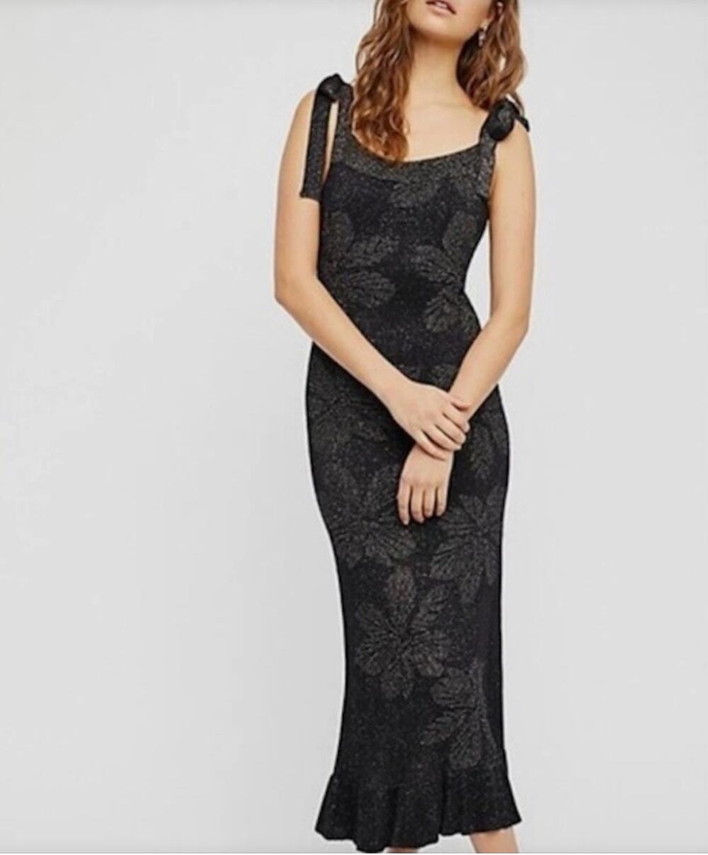 Free People Black and Copper Floral Glitter Tie Strap Maxi Dress